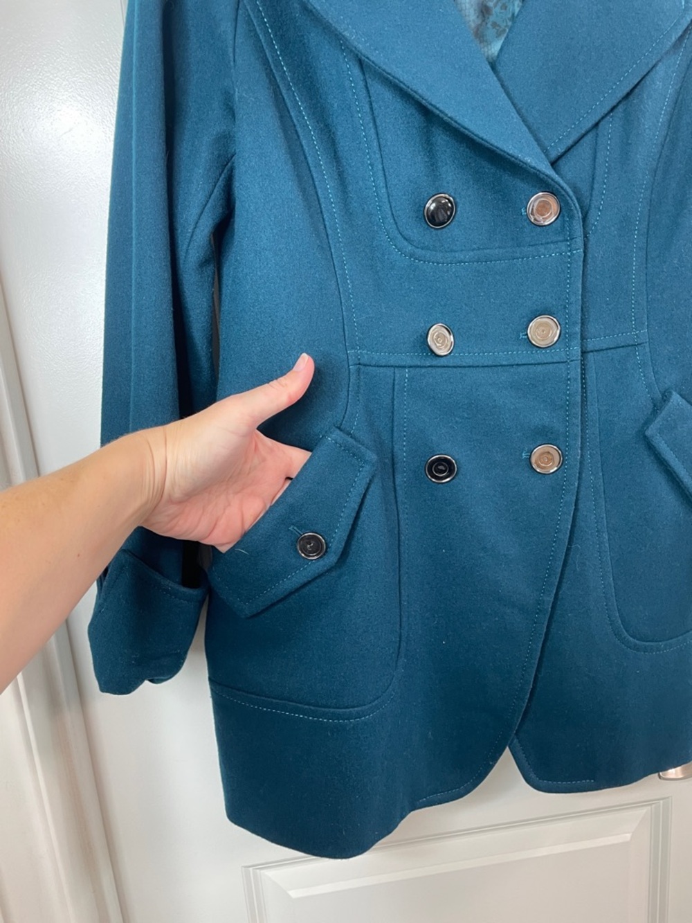 Guess Teal Double-Breasted Wool-Blend Peacoat - Picture 3 of 9